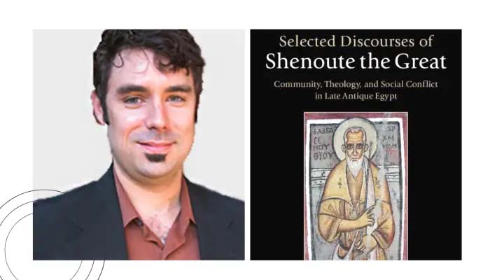 Frame one: Andrew Crislip Frame two: selected discourses of shenoute the great book cover - drawing of shenoute