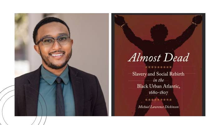 frame one: michael dickinson / frame two: almost dead book cover with silhouette of enslaved african american in chains, title of book