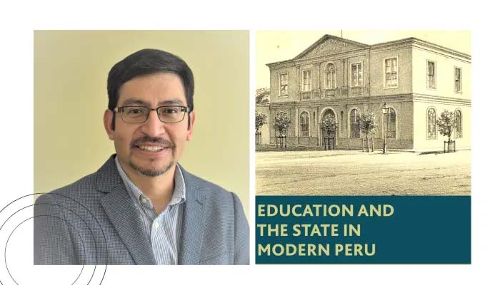 Frame one: Antonio Espinoza Frame two: Education and the state in modern peru book cover - historical illustration of building